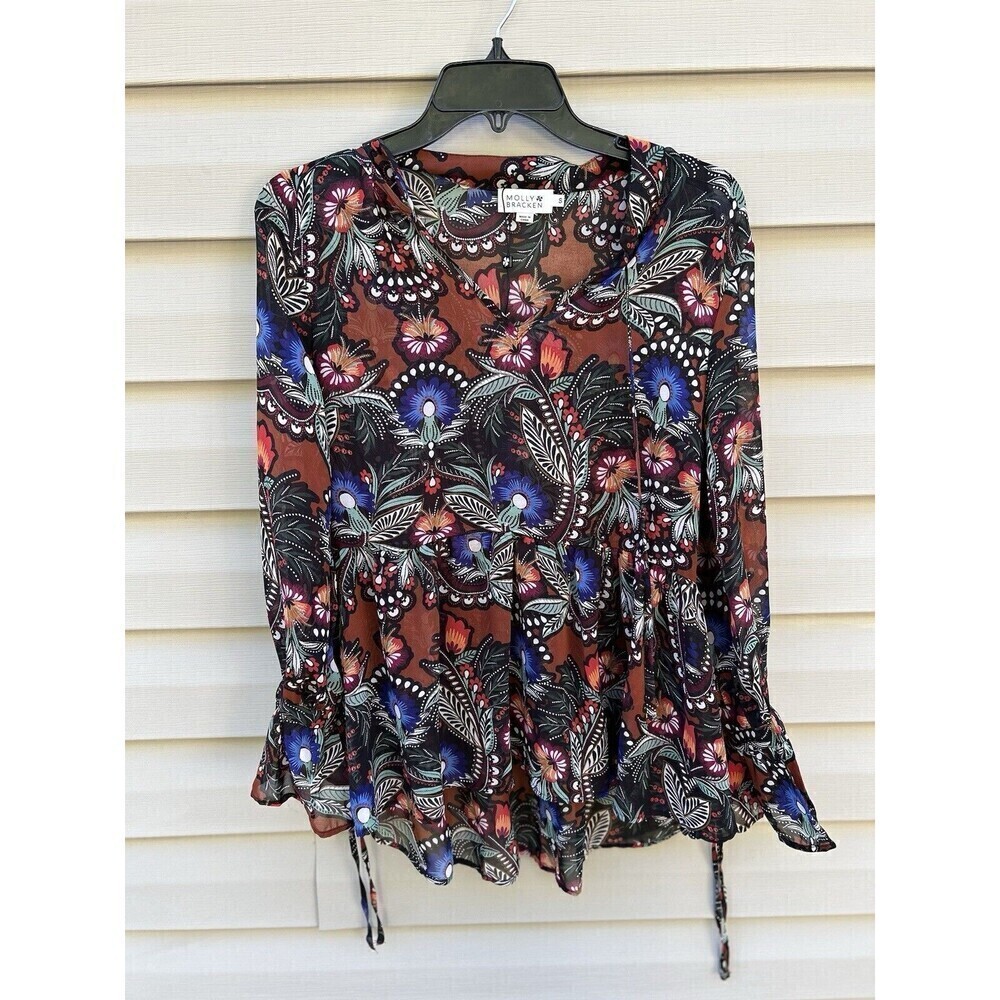 Anthropologie Molly Bracken Blouse Womens S Flowy Sheer Retro Boho Dark Romantic